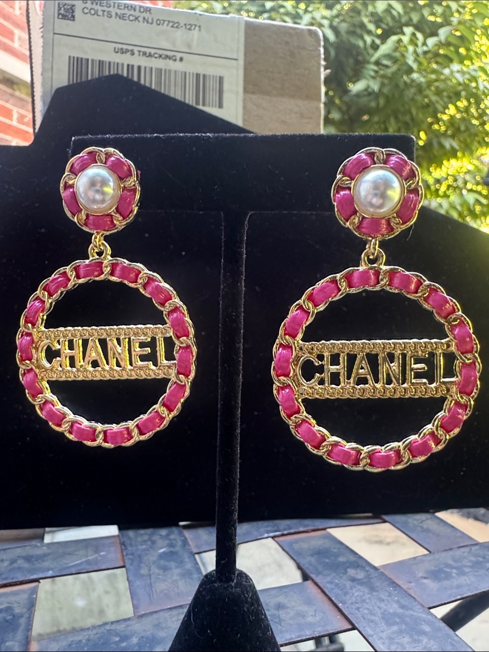 Earrings  Hot Pink and Gold Logo Drop Earrings